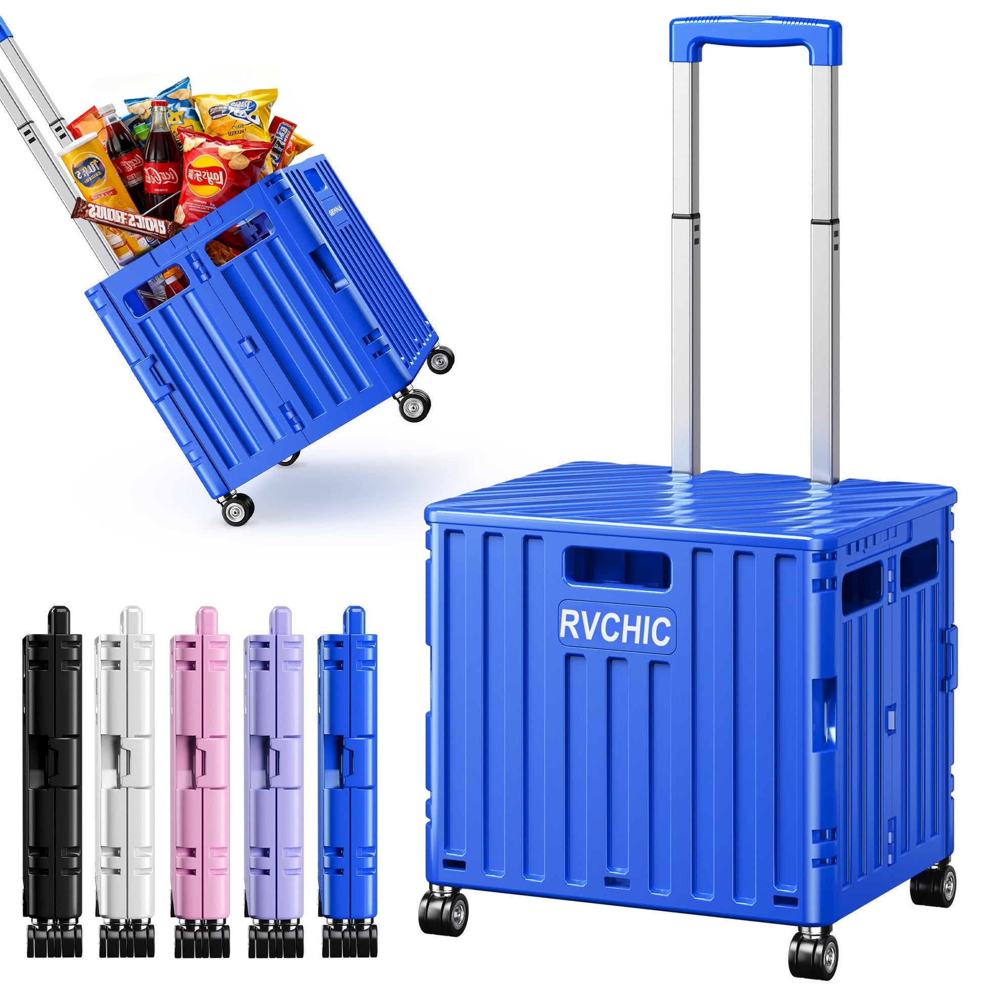 Rvchic Rolling Folding Utility Cart with Lid,65L Collapsible Crate Hand Truck with 4 Rotate Wheels for Grocery, Office, Luggage, School,Blue
