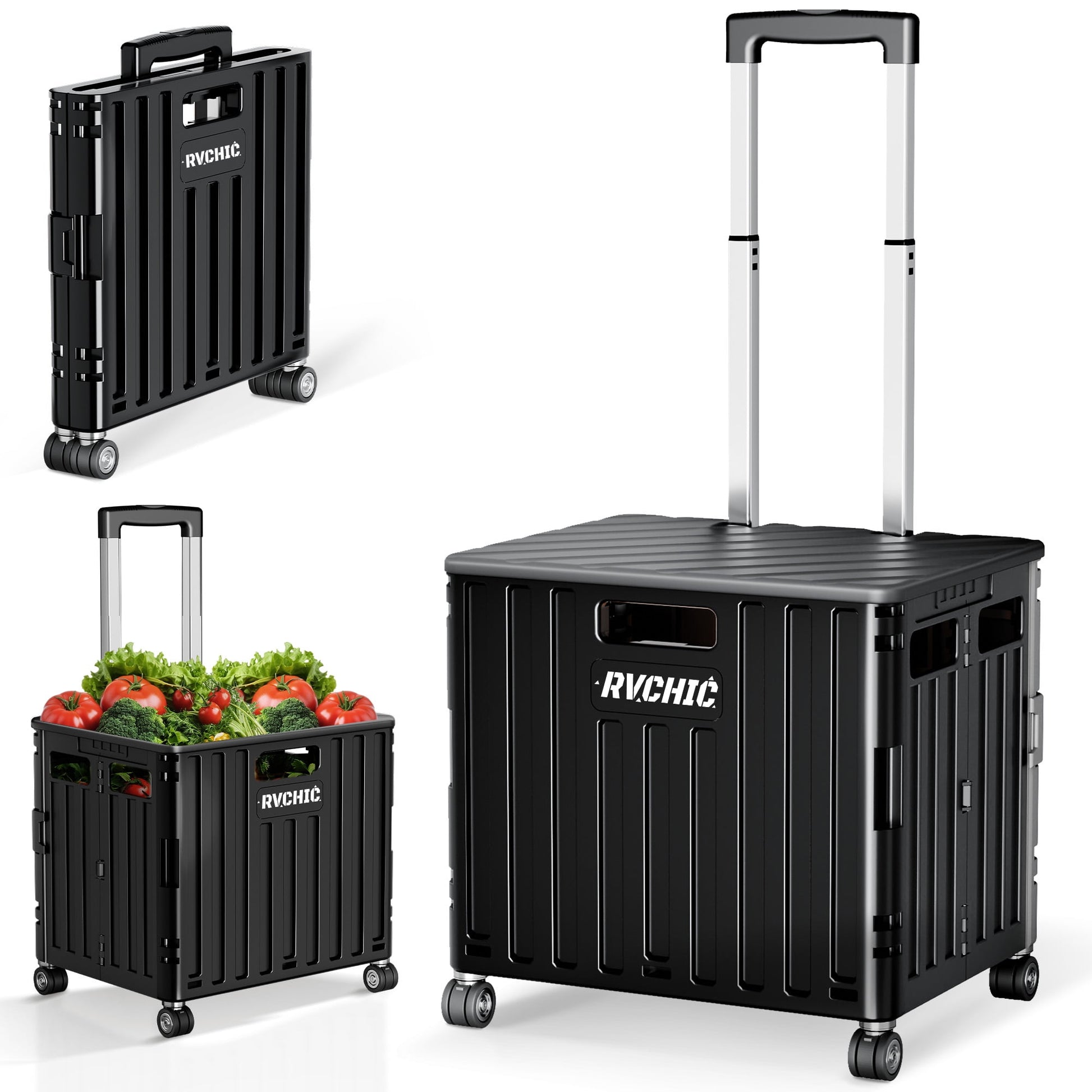 Rvchic Rolling Folding Utility Cart with Lid,65L Collapsible Crate Hand Truck with 4 Rotate Wheels for Grocery, Office, Luggage, School,Black