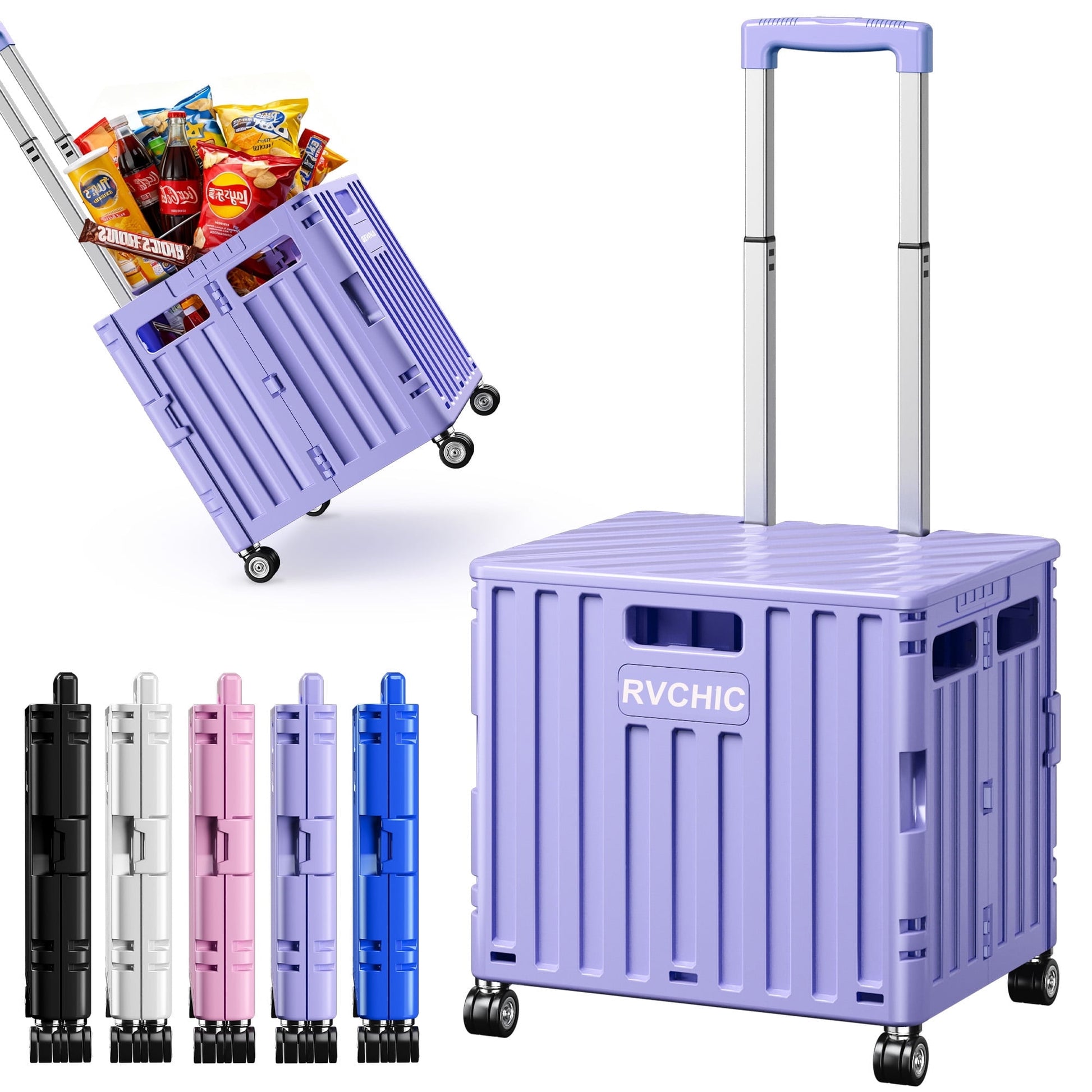 Rvchic Rolling Folding Utility Cart with Lid,65L Collapsible Crate Hand Truck with 4 Rotate Wheels for Grocery, Office, Luggage, School,Purple