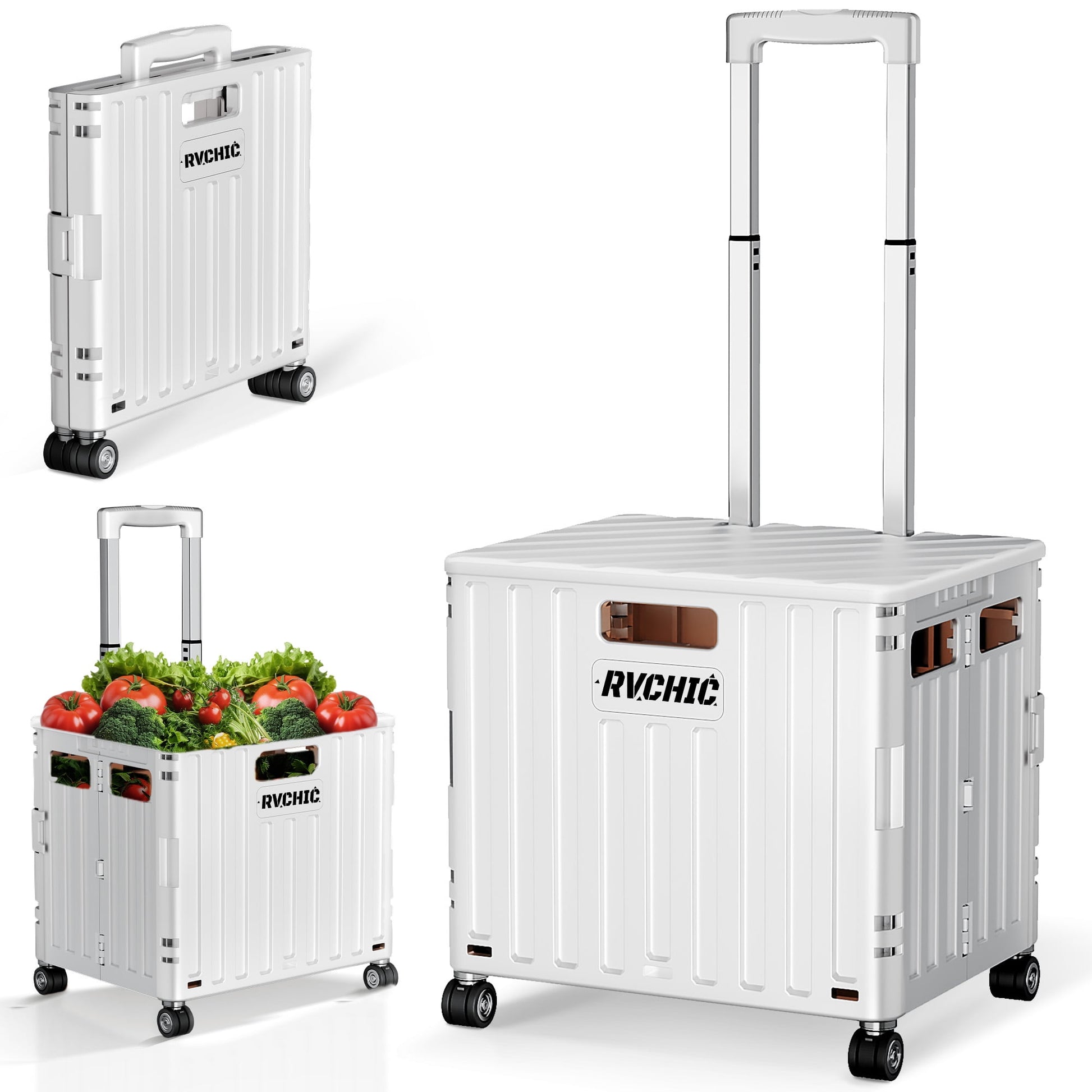 Rvchic Rolling Folding Utility Cart with Lid,65L Collapsible Crate Hand Truck with 4 Rotate Wheels for Grocery, Office, Luggage, School,White