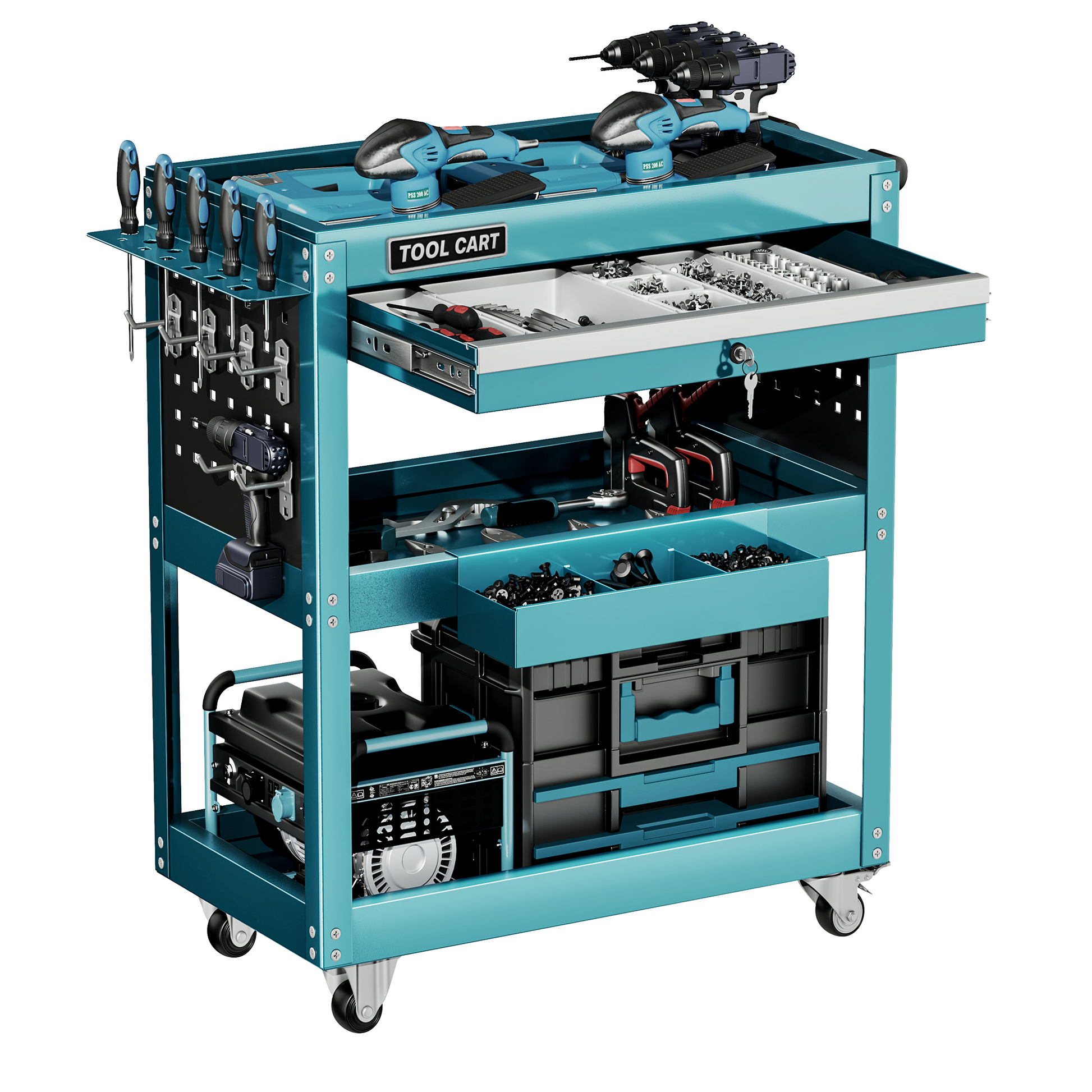 Gewna 3-Tier Metal Rolling Tool Cart, Lockable Drawer, 330 lbs Capacity, Heavy Duty Utility Cart for Garage Blue