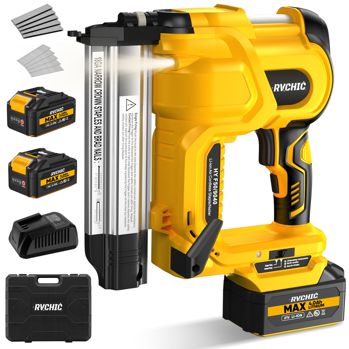Rvchic 2-in-1 Cordless Electric Brad Nailer with 2 * 4.0Ah Battery for Upholstery,Carpentry and Woodworking,1000pcs Nails,18GA Staples Included,Yellow