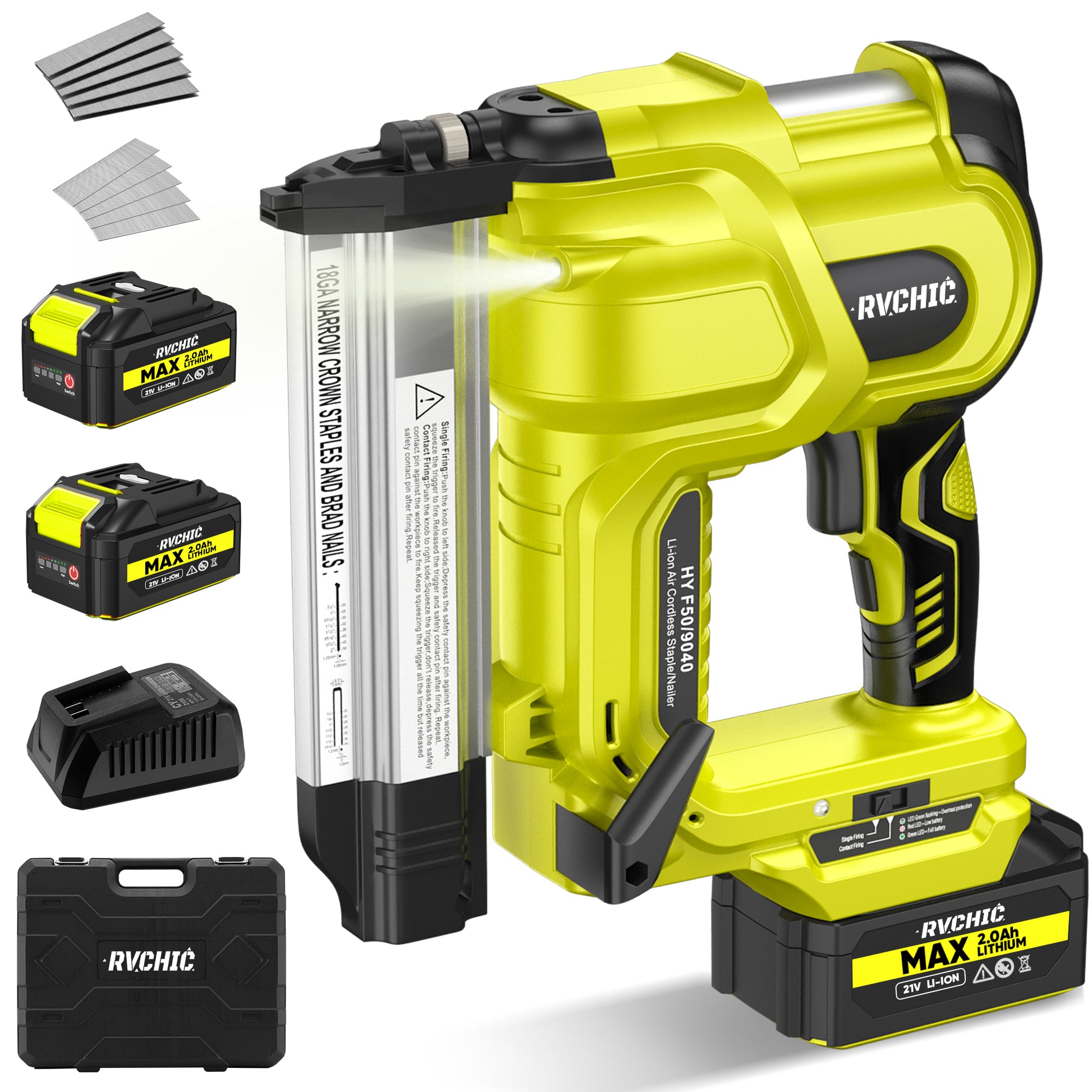 Rvchic 2-in-1 Cordless Electric Brad Nailer with 2 * 2.0Ah Battery for Upholstery,Carpentry and Woodworking,1000pcs Nails,18GA Staples Included,Green