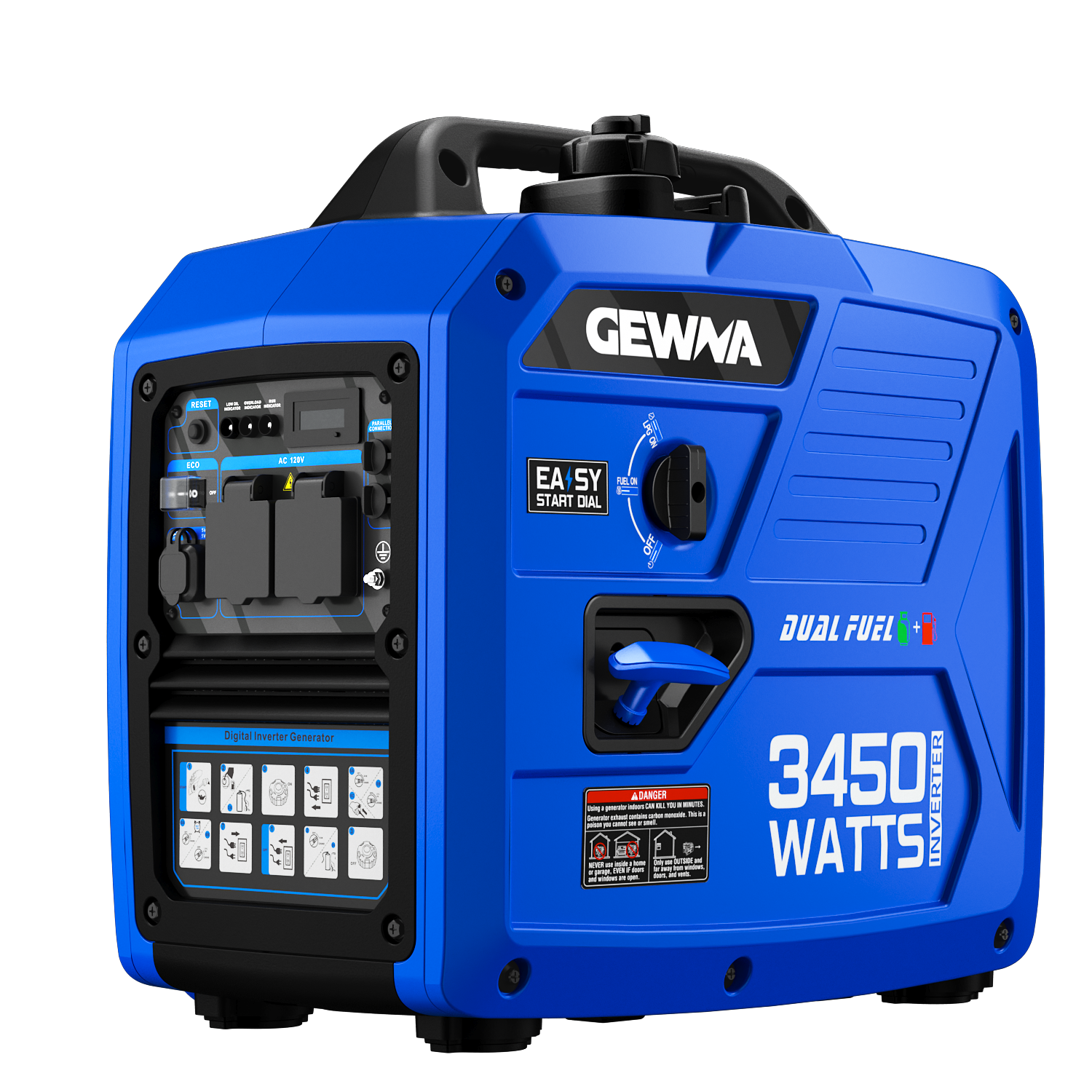 Gewna 3450-Watt Peak Watt Portable Duel Fuel Powered Inverter Generator,for Home Backup,RV Ready,Long Run Time£¬Super Quiet & Lightweight Blue