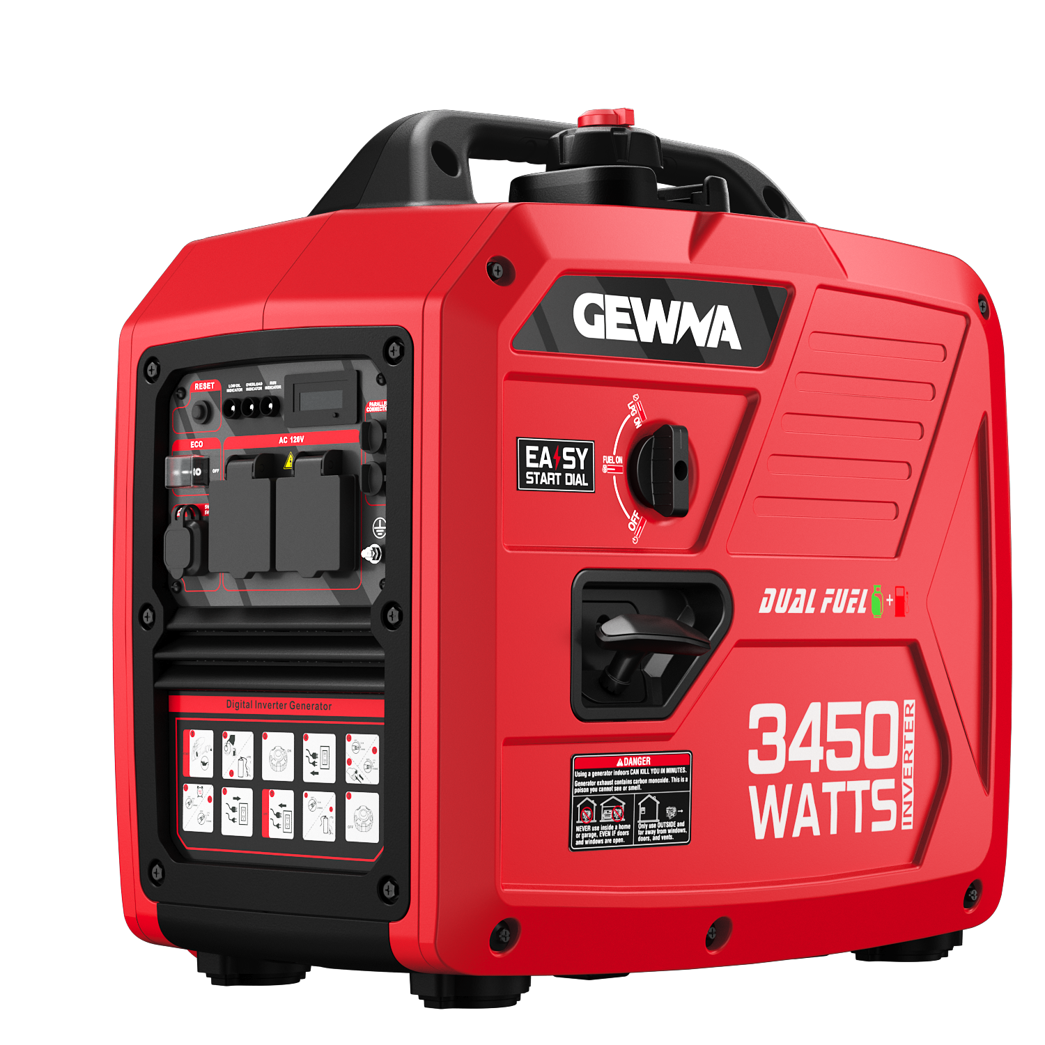 Gewna 3450-Watt Peak Watt Portable Duel Fuel Powered Inverter Generator,for Home Backup,RV Ready,Long Run Time£¬Super Quiet & Lightweight Red